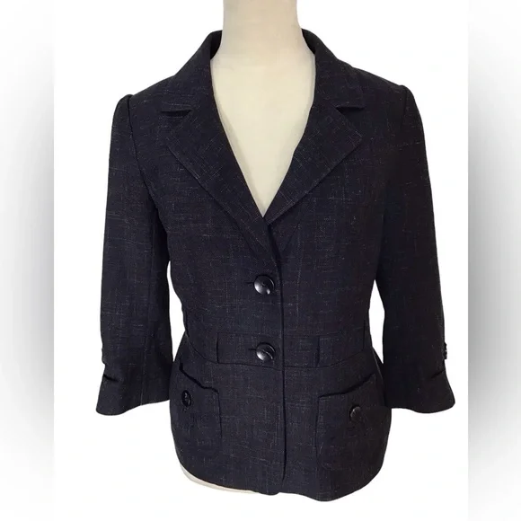 Classiques Entier Dark Blue Wool Linen Lined 3/4 Sleeve Blazer Jacket Size 8 - Picture 4 of 7